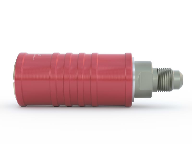 WEH® Konektor TW111 za polnjenje hladilnih sredstev na Schrader ventilih 1/4 SAE, rdeč (visok tlak), tesnilo iz kloroprena, maks. 42 barov, inline dovod medija UNF 7/16-20 zunanji navoj